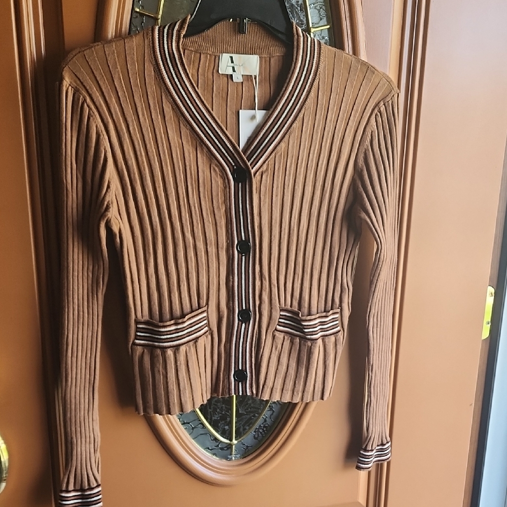 Anne Klein Ribbed Camel Cardigan with Striped Trim